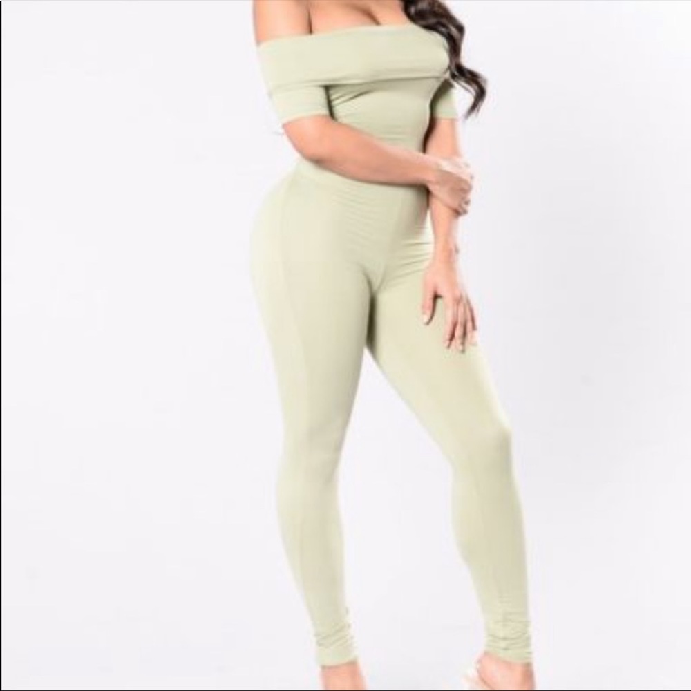 Fashion Nova Sage Green Off Shoulder Jumpsuit